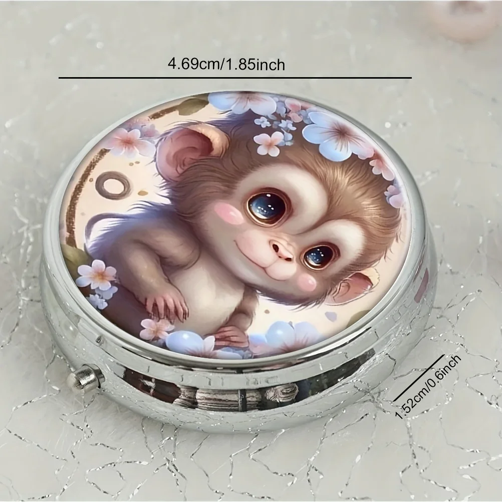 cute monkey baby round pill box,3 compartments pocket wallet pill box, portable travel tablet vitamin rack organizer pill box