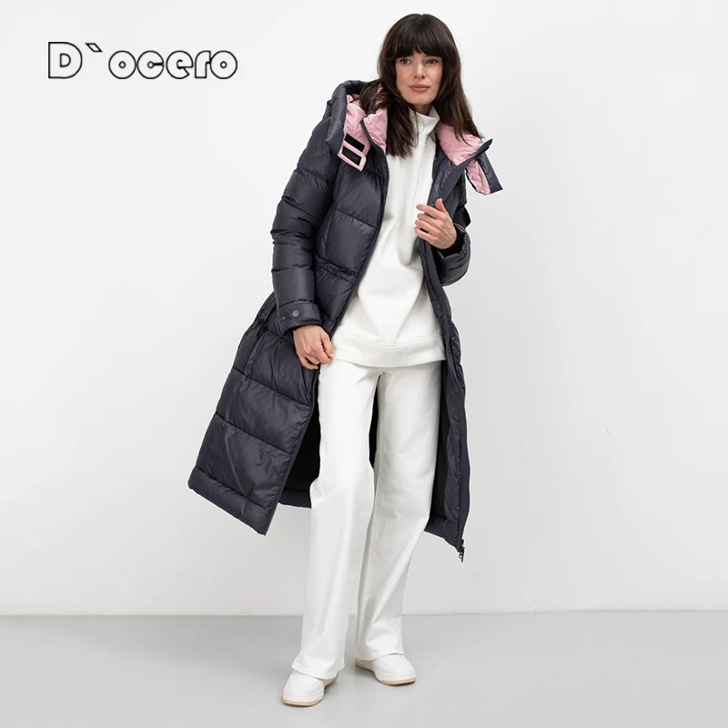 D`ocero 2022 New Fashion Winter Down Jacket Women X-Long Warm Parkas Padded Quilted Coats Female Overcoat Hooded Overwear