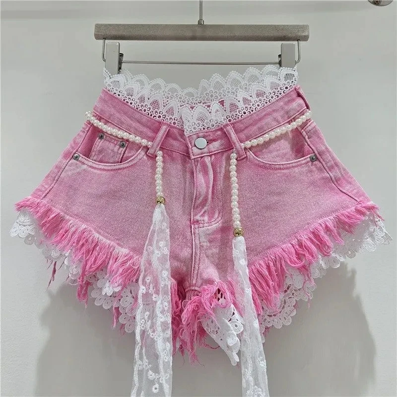 2026 Summer Outfit New Fashion Spliced Hook flower lace lace With waist Rope frayed Denim Shorts Women's Hot pants Streetwear