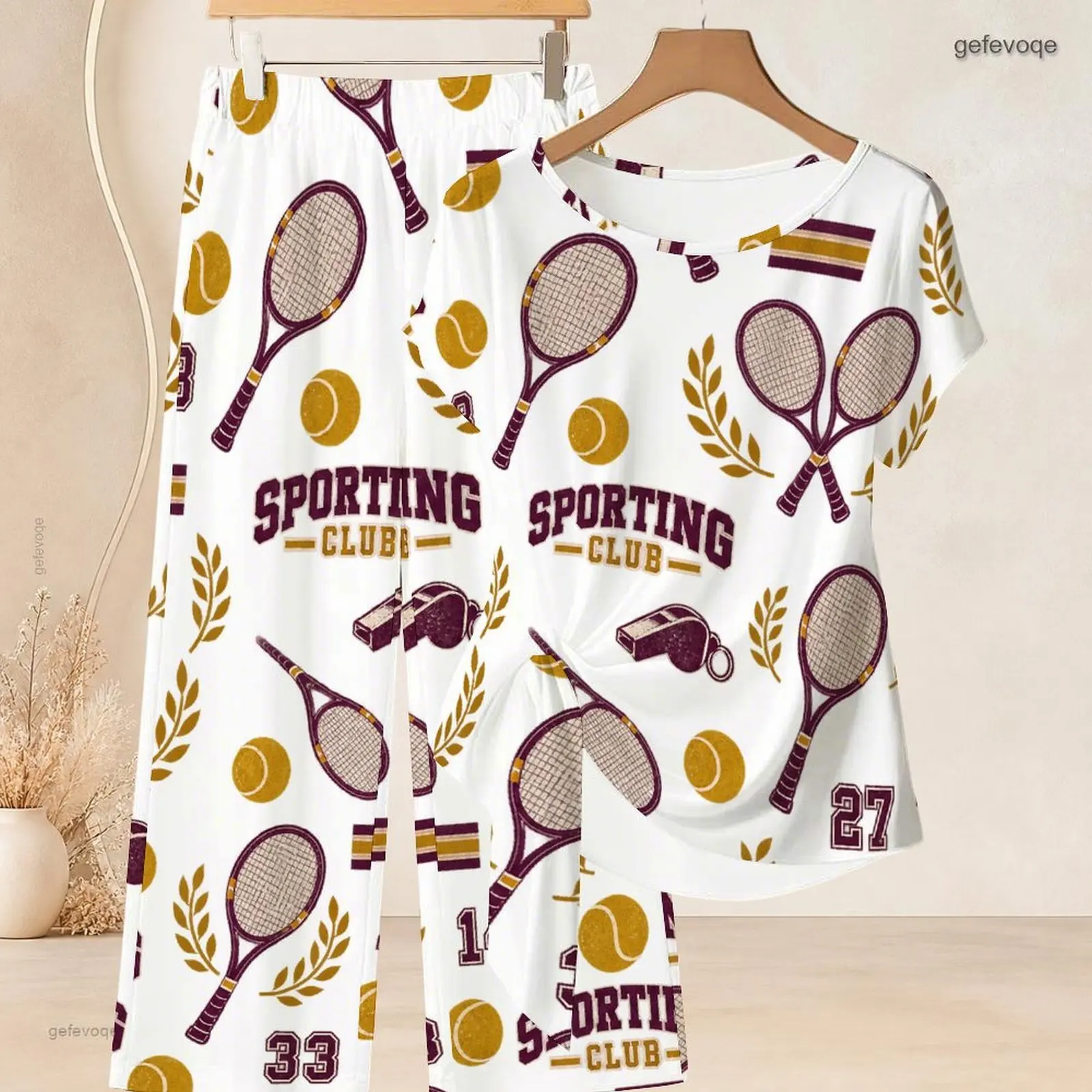 Women Round Neck Short Sleeve Top and Long Pants Two Piece Set, Tennis Racket Sporting Club Printed Pattern
