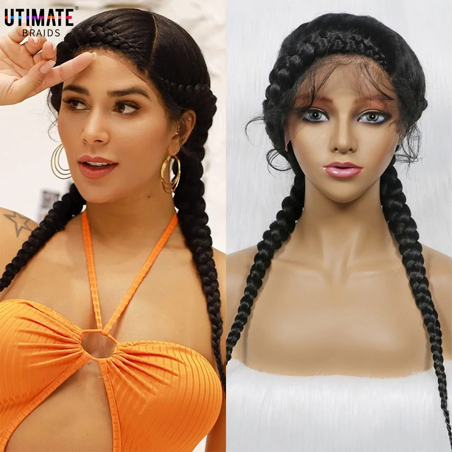 

New 24 Inches Lace Frontal Synthetic Wigs Box Braided Wigs Lace Front Dutch Twins Braids Wig With Baby Hair for Black Women