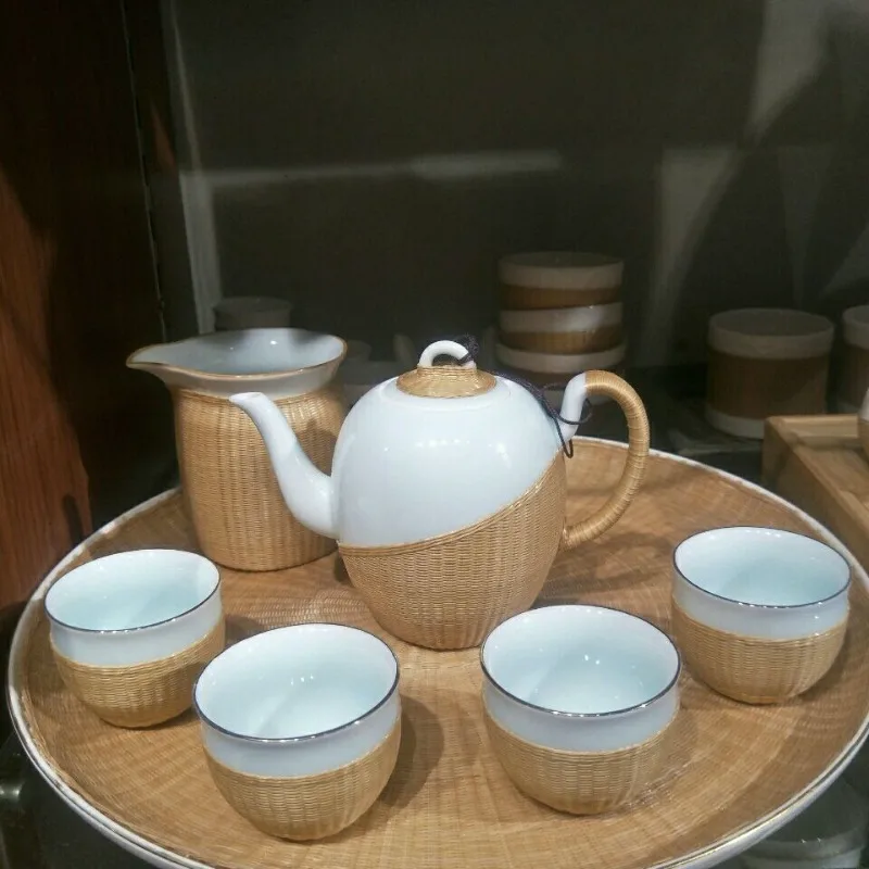 Porcelain tire bamboo woven tea set gifts high-end atmosphere