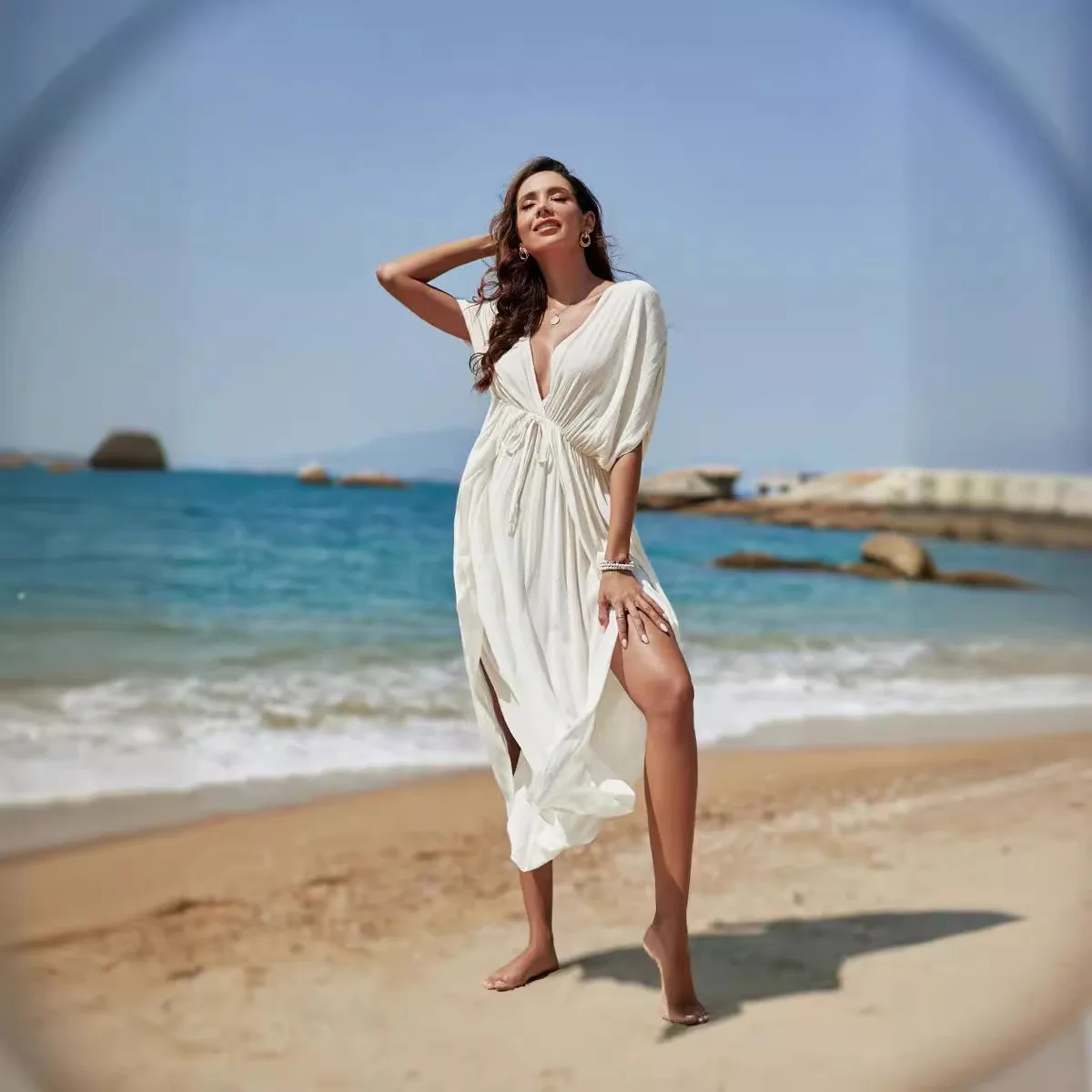 

2025 Female White Dresses,Women's Beach Long Dress, Hollow Back