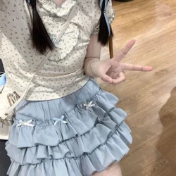 Deeptown Kawaii Lolita Ruffle Women Skirt Cutecore Sweet Japanese Style Mini Skirts Layered Bow Patchwork Pleated Short Skirt