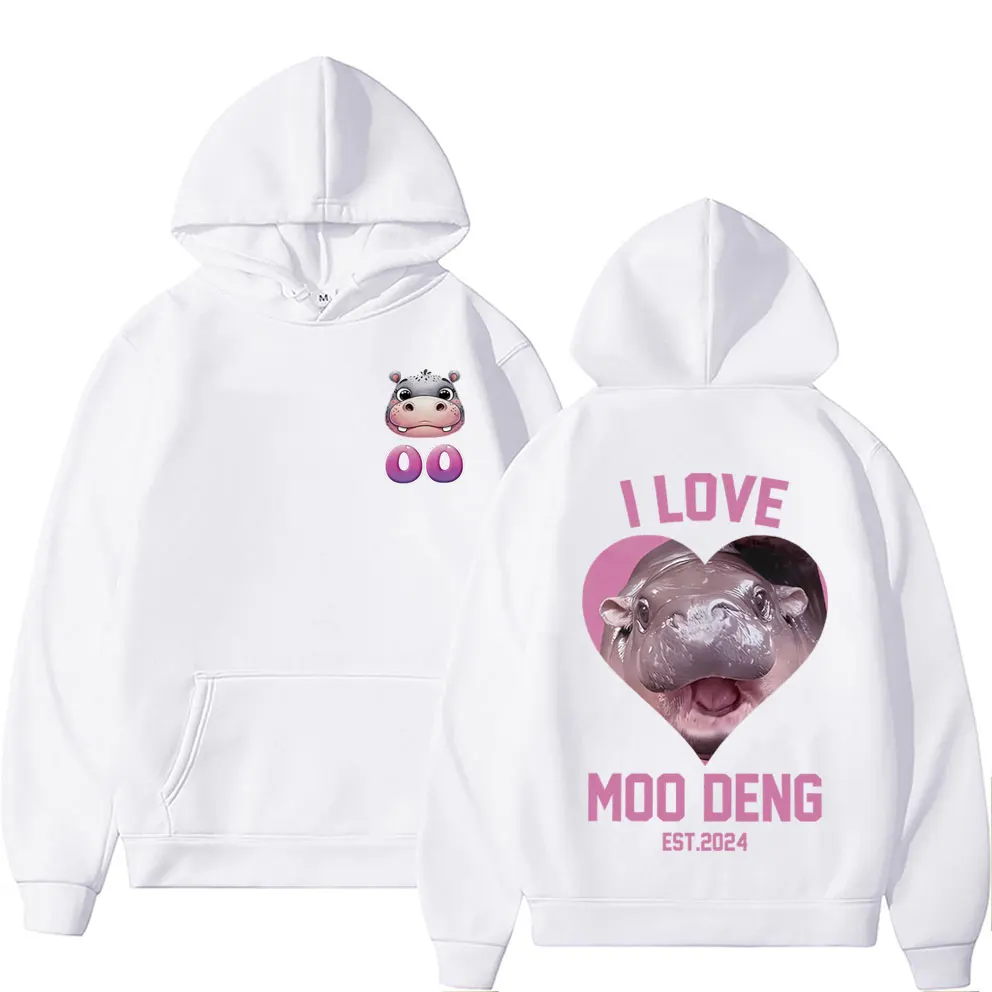 I Love Moo Deng Est 2024 Print Hoodie Baby Hippo Funny Meme Men's Women's Fleece Cotton Hoodies Men Casual Oversized Sweatshirt