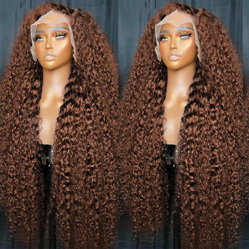초콜릿 브라운 13x4 워터 컬리 레이스 프론트 가발 # 4가지 색상의 인모 가발, 미리 뽑은 딥 웨이브 13x6 HD 레이스 프론탈 가발 180%