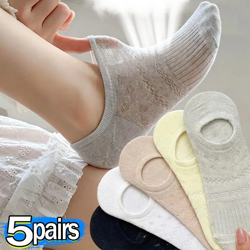 Lace Openwork Ballet Socks for Women Invisible No Show Sock Breathable Mesh Summer Boat Socks Silicone Anti Slip for Flat Loafer