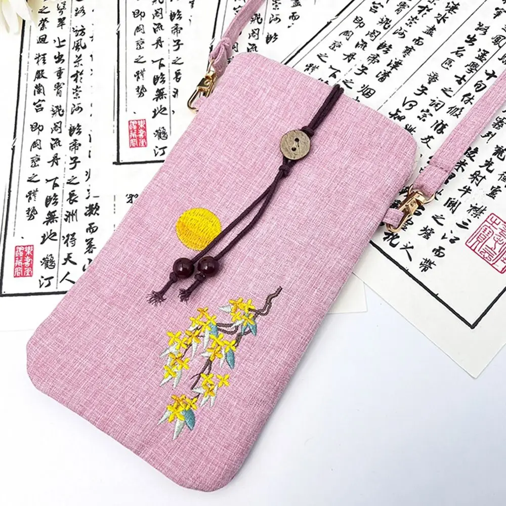 

Ancient Style Embroidery Phone Bag Chinese Style Purse Versatile Crossbody Bag Cotton Linen Handbags Flower Shoulder Bag