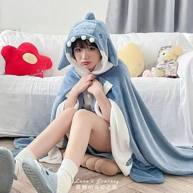 2026 New Adults Shark Sleepwear Sleeping Cape Classroom Office Blanket Japanese Flannel Kawaii Plush Pajamas Cosplay