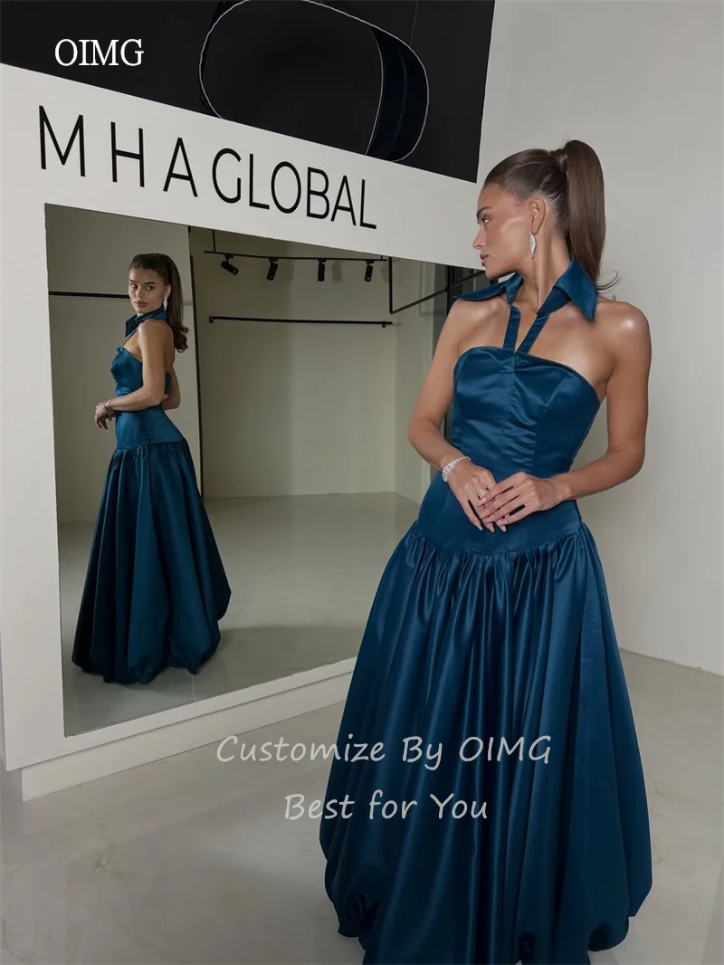 Oimg azul real halter uma linha vestidos de baile cetim sem costas vestido de festa até o chão vestido de noite vestidos de gala personalizado