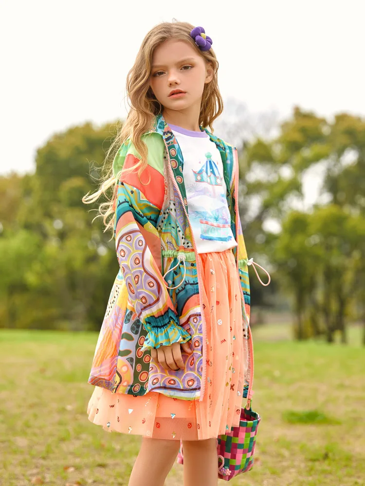 Girl Trench coat Printed Long Sleeve Tie Dye Thin jacket