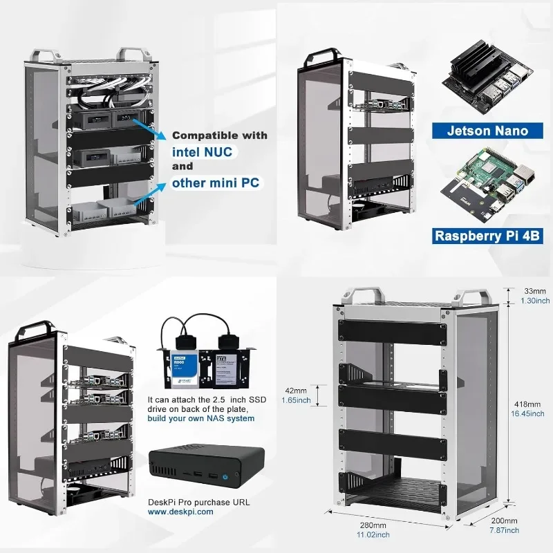 aksesoris dapur Rak Server 10 inci untuk Jaringan, Kabinet Server 8U, Server, Peralatan Audio, dan Video, DeskPi RackMate T1