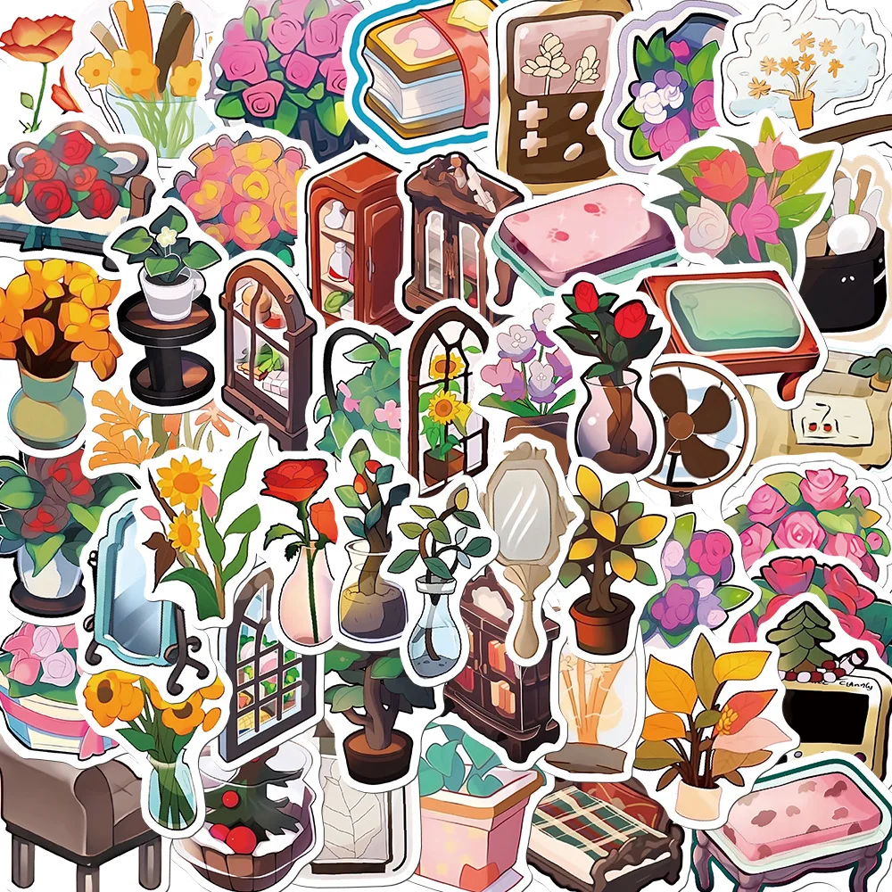 

50pcs Cute Cartoon Flower Stickers Set Aesthetic Decals for Luggage Guitar Notebook Cartoon Bottle Design Graffiti