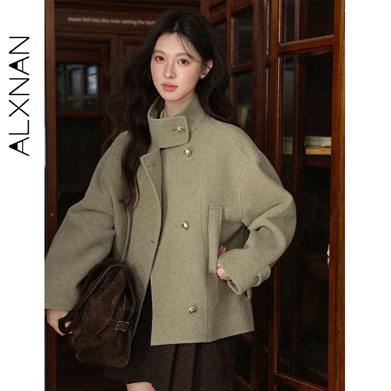 ALXNAN 그린 숏 울 코트 여성 2026 봄 신상 하이 칼라 루즈핏 우아한 따뜻한 재킷 캐주얼 오피스 레이디 탑스 L57851