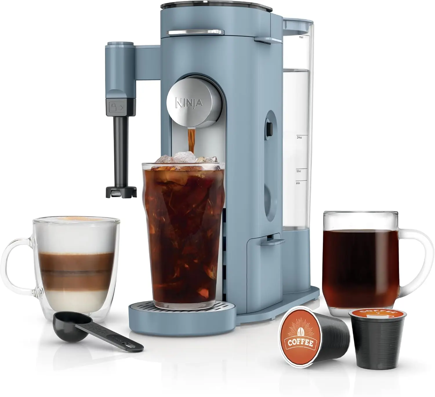 Single-Serve Coffee Maker, Compatible with K-Cup Pods and Ground Coffee, Compact Design, Built-In Milk Frother, 68-Ounce Water R