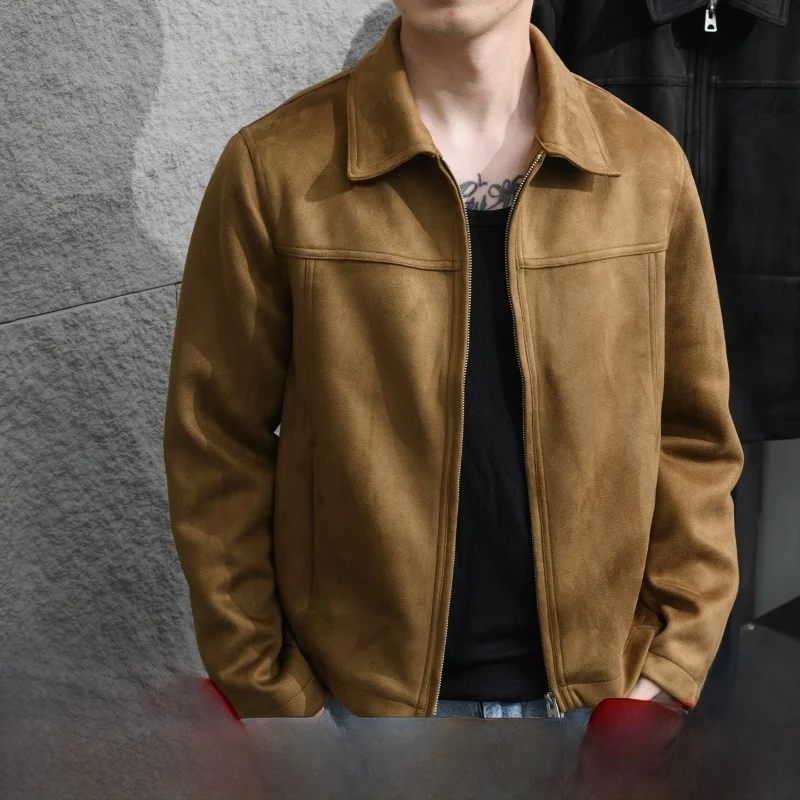 

Fashionable Short Men's Suede Jacket Luxury Vintage Style Spring Outerwear Polyester Fiber Long Sleeve Zipper Closure Coat