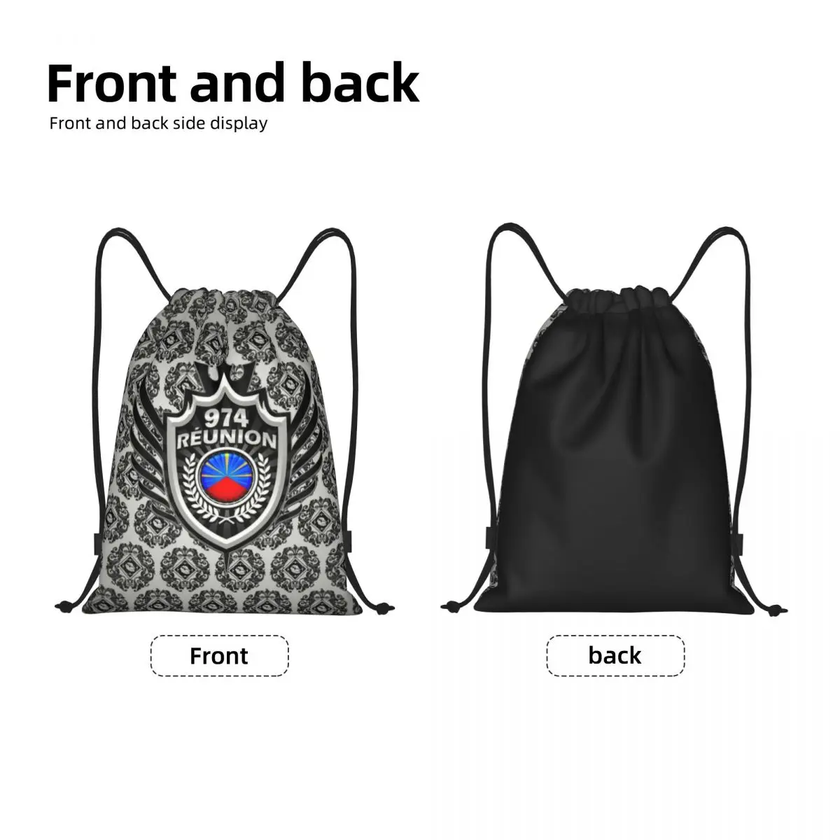 Custom 974 Reunion Island Coat Of Arms Drawstring Backpack Bags Lightweight Margouillat Beach Gym Sports Sackpack Sacks for Yoga