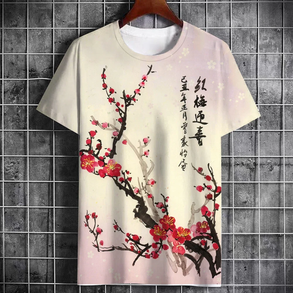 

Casual Unisex Tees Japanese Cherry Blossom Pattern Men's T-shirt Chinese Style 3D Plum Blossom Calligraphy O Neck Tops Street
