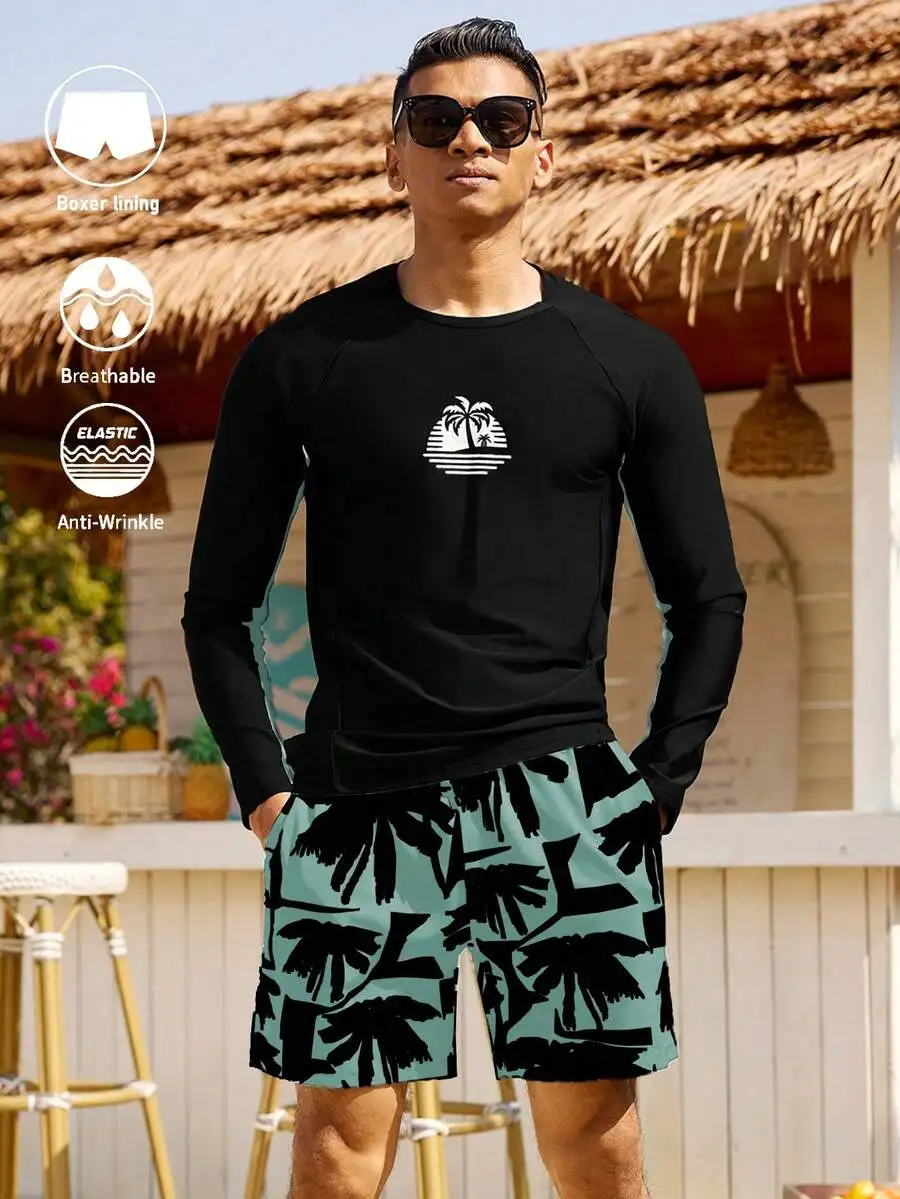 

Mens Palm Tree Print Long Sleeve Rash Guard And Board Shorts Swim Set
