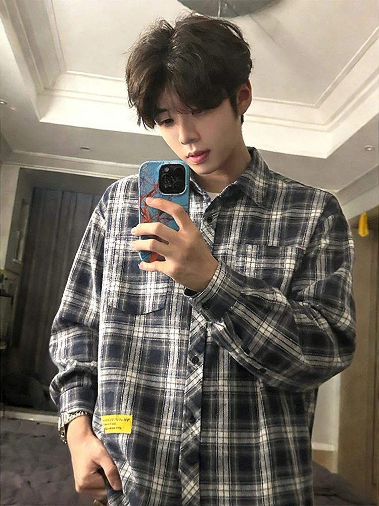 

Retro American Plaid Long Sleeve Shirt for Boys Spring Autumn Workwear Jacket Outerwear Cardigan Casual Loose Fit Shirt