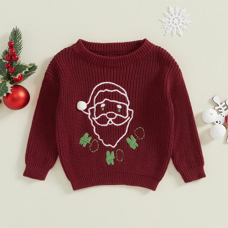 Kid Boys Girls Christmas Sweaters Santa Embroidered Long Sleeve Round Neck Ribbed Knitted Pullover for 0-4 Years