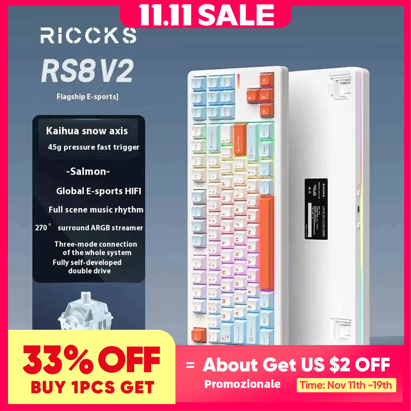 

Riccks RS8 V2 Беспроводная игровая механическая клавиатура Bluetooth 2,4G Проводная 8000 мАч RGB Поддержка горячей замены QMK-VIA Клавиатура для ПК Геймер