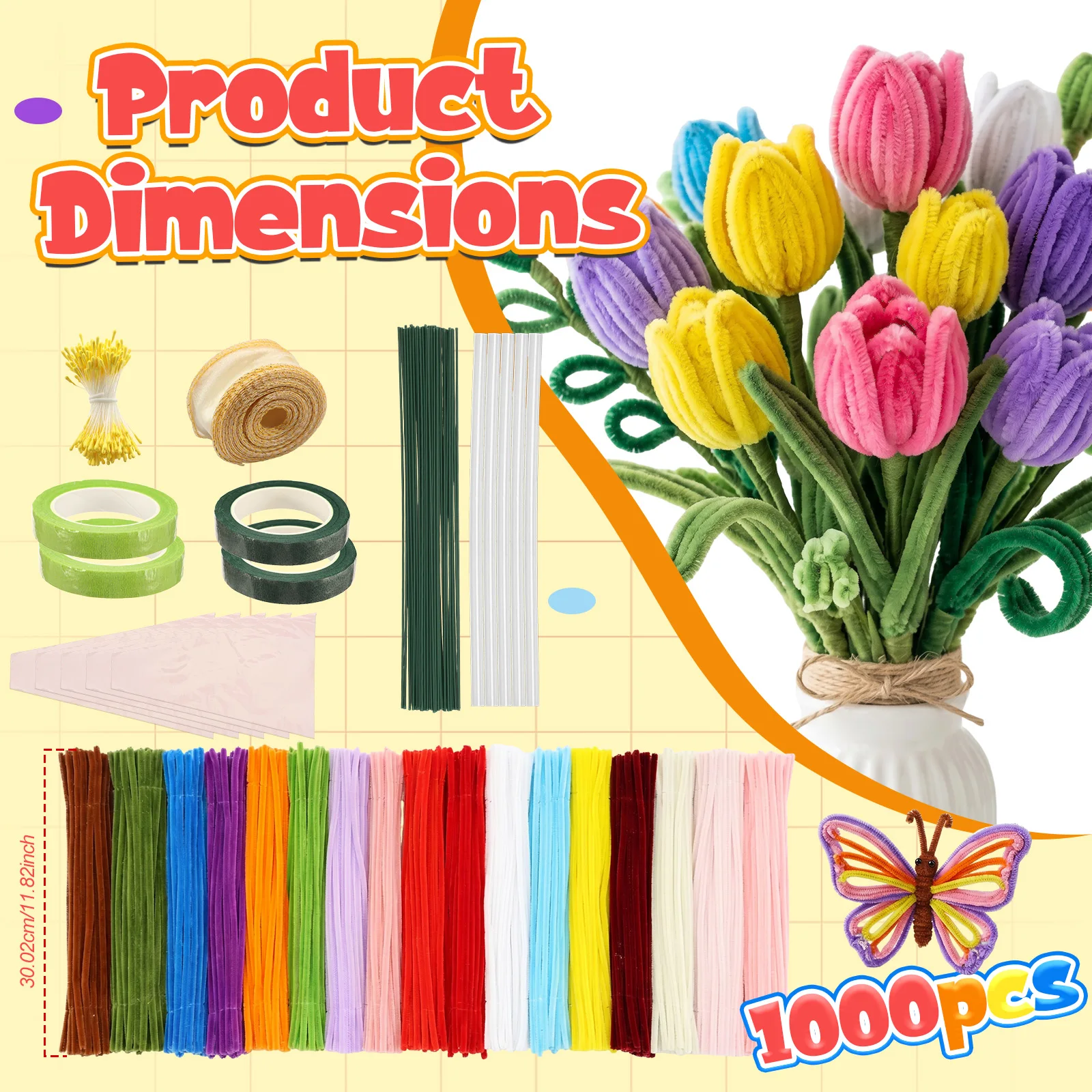 Colorful Pipe Cleaners Plush Stem Wired Twist Sticks Pipe Cleaner Flower Making Kit with Hot Glue Stick Flower Handmade Craft view 2