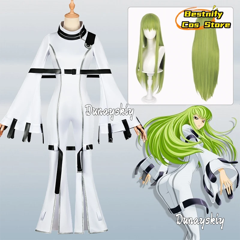 Anime Code Geass: Hangyaku no Lelouch Cosplay Costumes C.C. Cos Uniform White Slim-Fitting Onesie With Green Wig Full Set