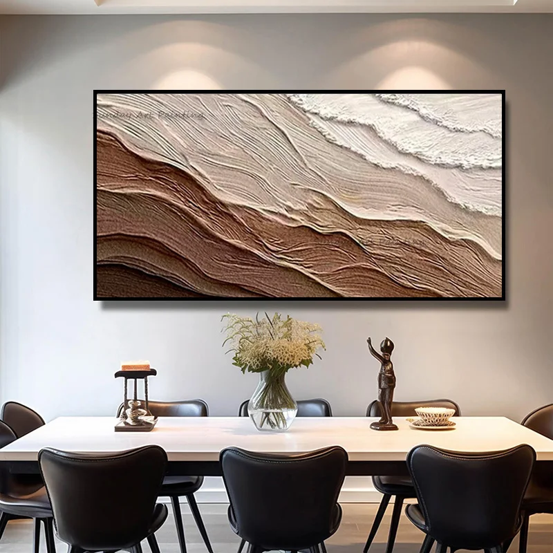 New Design Brown Beige Abstract Knife Thick Seawaves Oil Painting Original Handmade Beige White Seascape Canvas Wall Art Decor