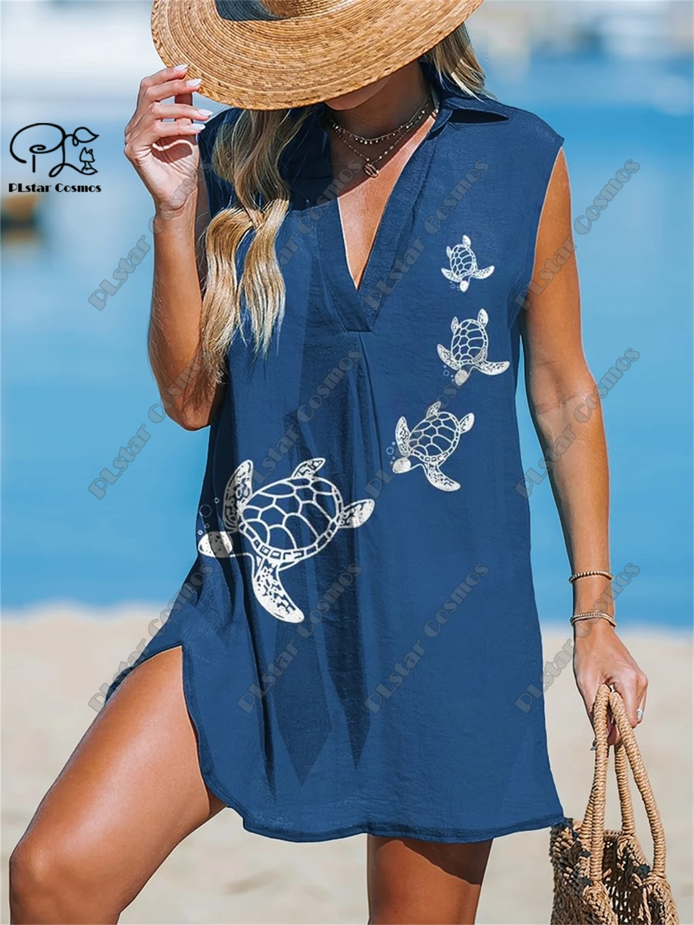 PLstar Cosmos 3D Printed Fish Ocean Pattern Women Sleeveless V Neck Dress Summer Casual Seaside Resort Style Collection 4