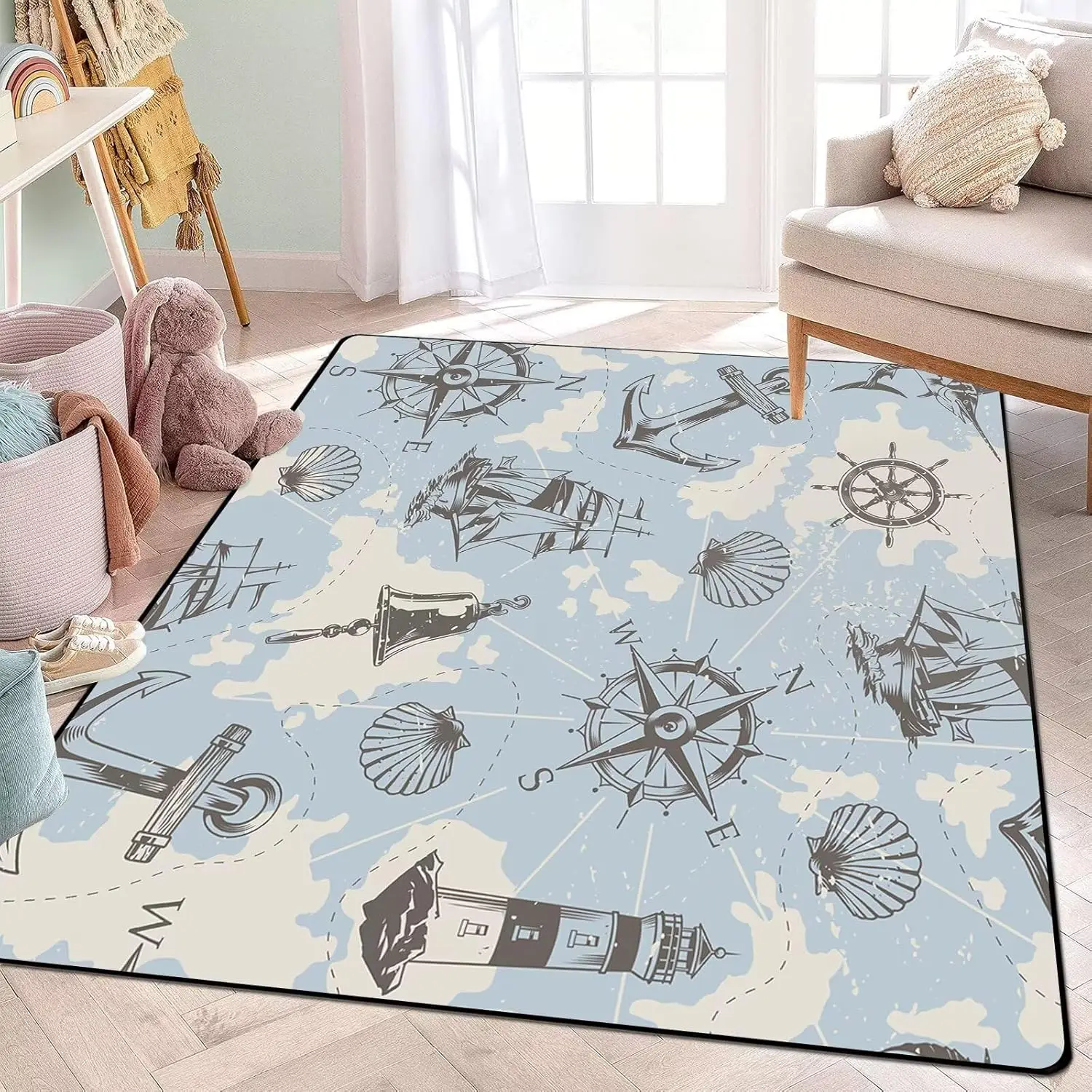 

Винтажный морской ковер Ocean Coastal Плед Коврики для детей Прихожая Гостиная Спальня Игровая комната Акцент Пляжный напольный коврик Морской коврик