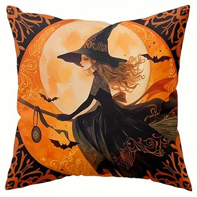 Home Decor Halloween-themed Pillows with Witch & Cat & Owl Pattern Cushion Cover Suitable for Sofa Bedroom Car Pillow Cover
