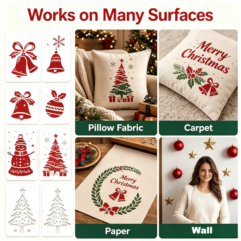 Christmas Decor Hollow Stencils, Kids DIY Spray Rubbing Templates for Pillow Table Runner Fabric & Wood Xmas Home Craft Decor