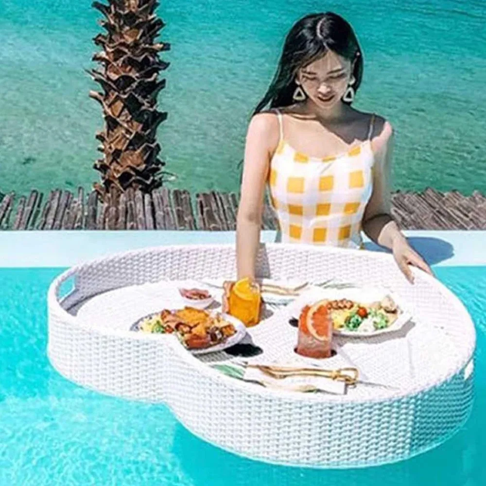 Floating Pool Tray Rattan Woven Serving Tray for Swimming Pools Hot Tubs & Beach Parties Floating Table for Drinks