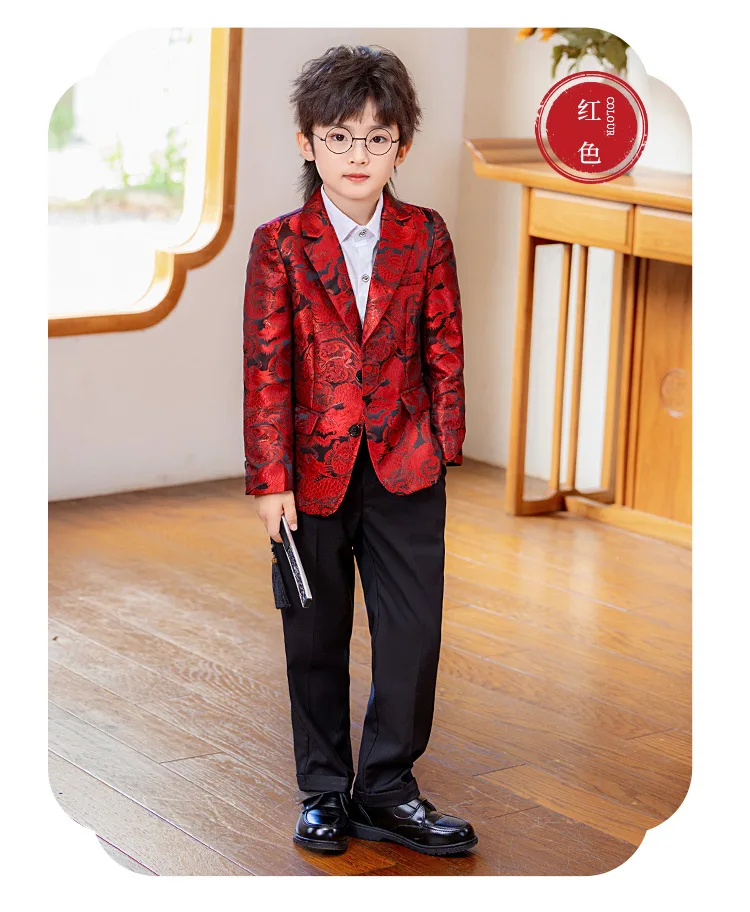 Roter Jacquard-Anzug für Jungen im chinesischen Stil, formeller Smoking für Kinder für Gastgeberauftritte, Klavierauftritte, Modenschauen, Hochzeiten und Partys – Detail 8