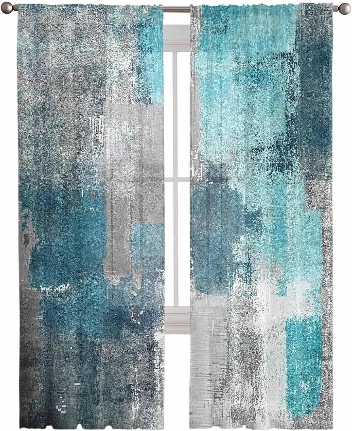 Turquoise Blue Grey Sheer Curtains 84 Inch Length  Set for Living Room/Bedroom, Teal Abstract Art Painting Semi Curtain Sheers