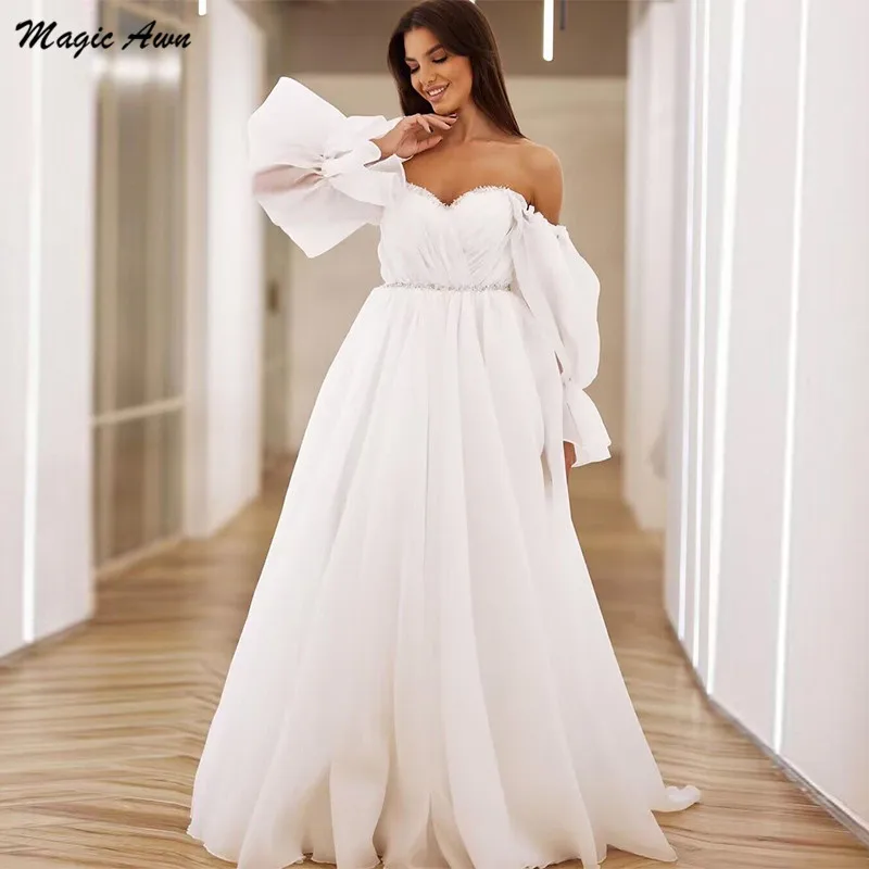 

Magic Awn Off The Shoulder Wedding Dresses Boho Long Puffy Sleeves Sequins Beaded White Organza Mariage Gowns A-Line Vestidos