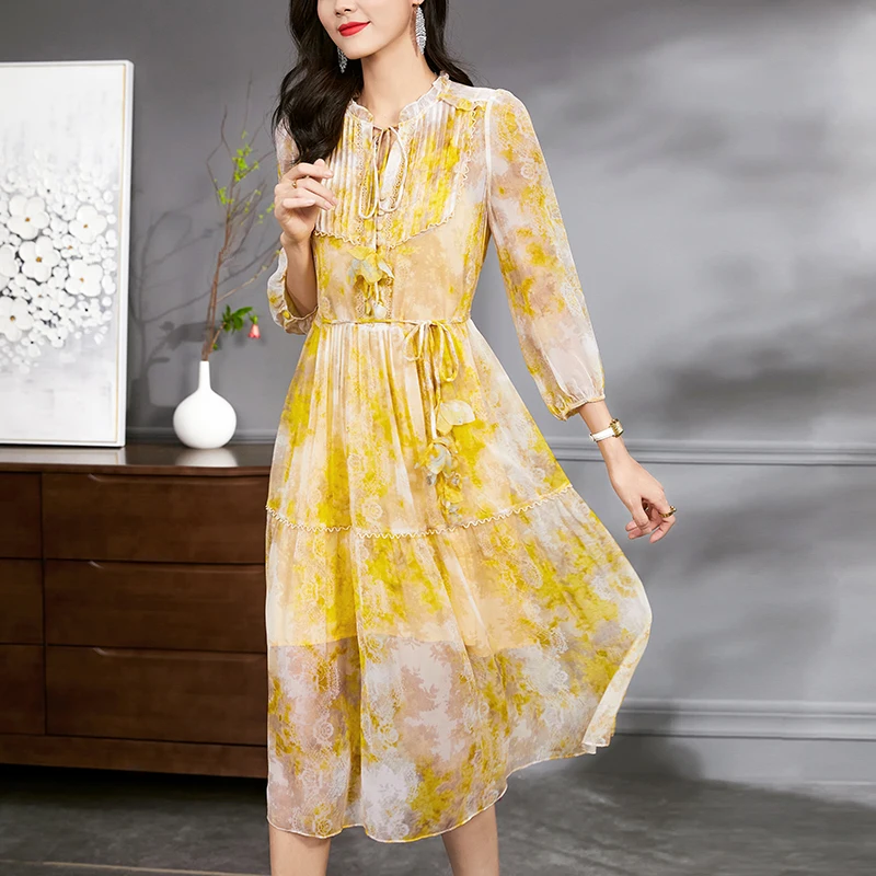 

Elegant Dresses For Women 2024 Women's Summer Long Dress A-line Three Quarter Sleeve 100% Real Silk Woman Floral Two-piece Dress