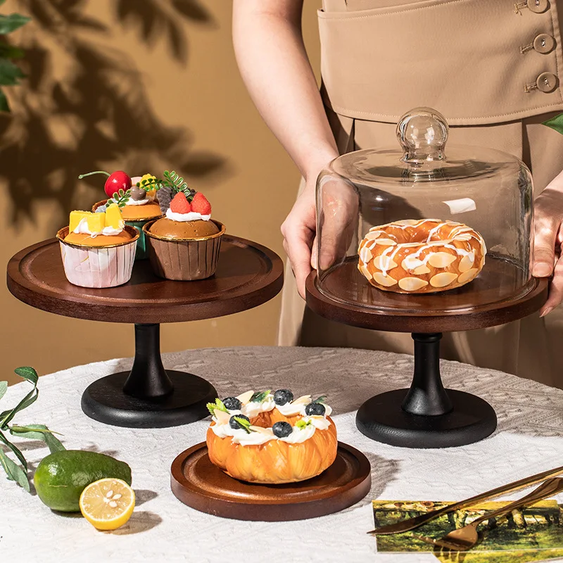 Bamboo Wood Cake Tray High Foot Living Room Dessert Plate Display Stand Wooden Fruit Dish Dining Box Creative Short Sleeve T-...
