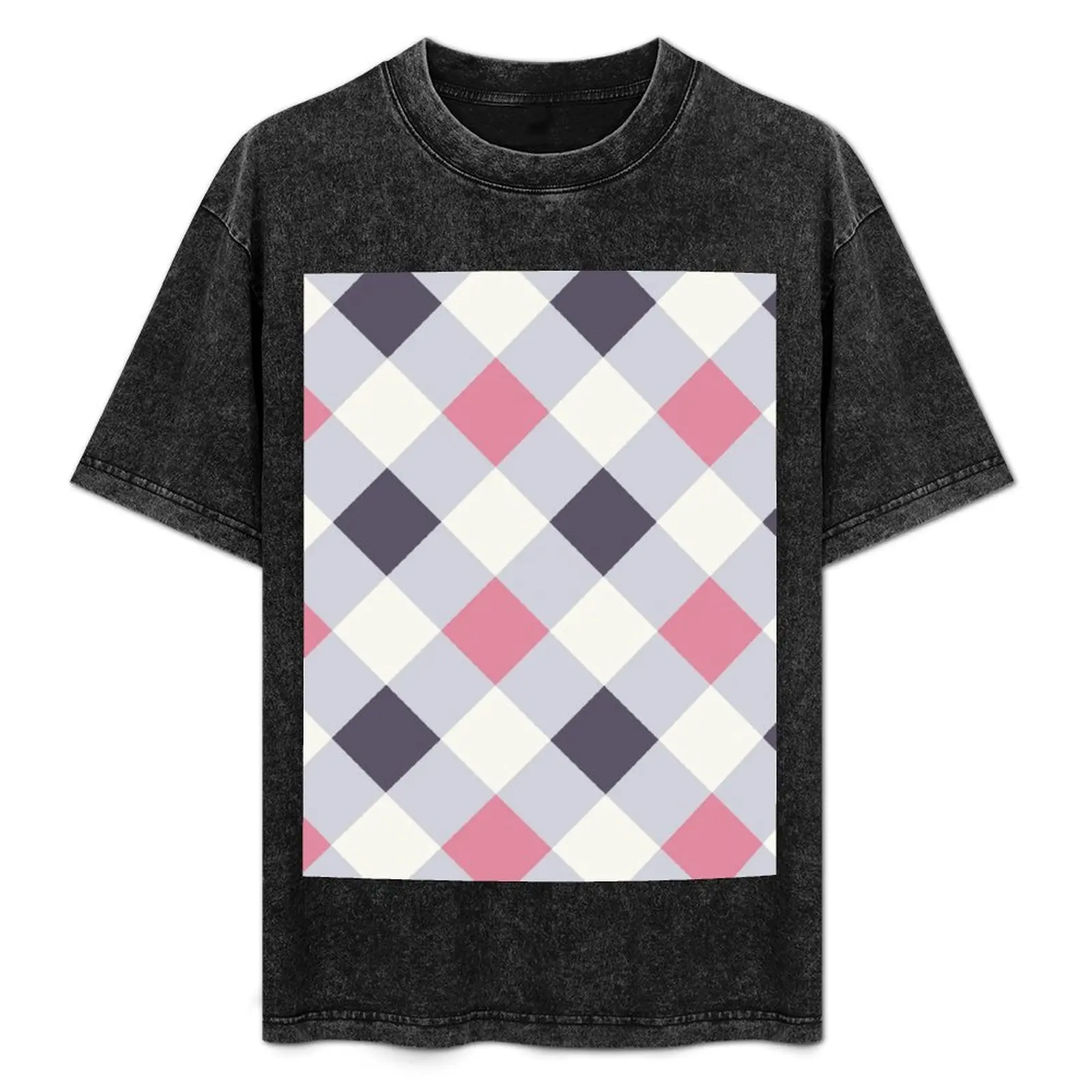

Check Pattern In Pink Grey Slate Colored T-Shirt Retro Style Print Casual Top