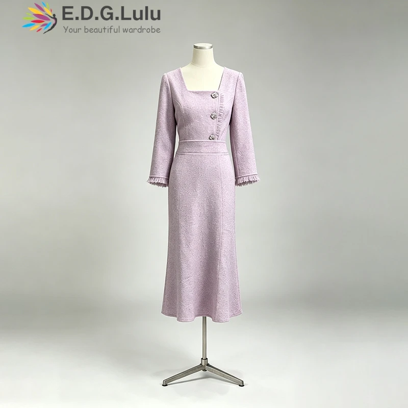 EDGLuLu Square Collar Single Buckle Splicing White Dress Woman 2026 New Long Sleeved Elegant Long Dress 0709