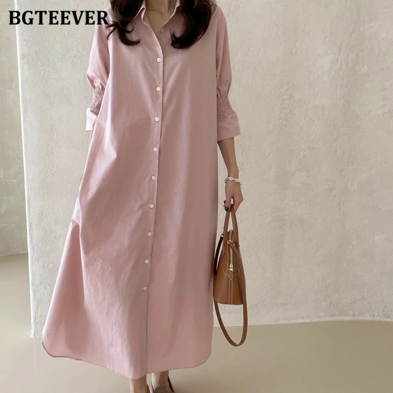 BGTEEVER Casual Lapel Single-breasted Women Shirt Dress Half Sleeve Loose Straight Female Long Dress vestidos