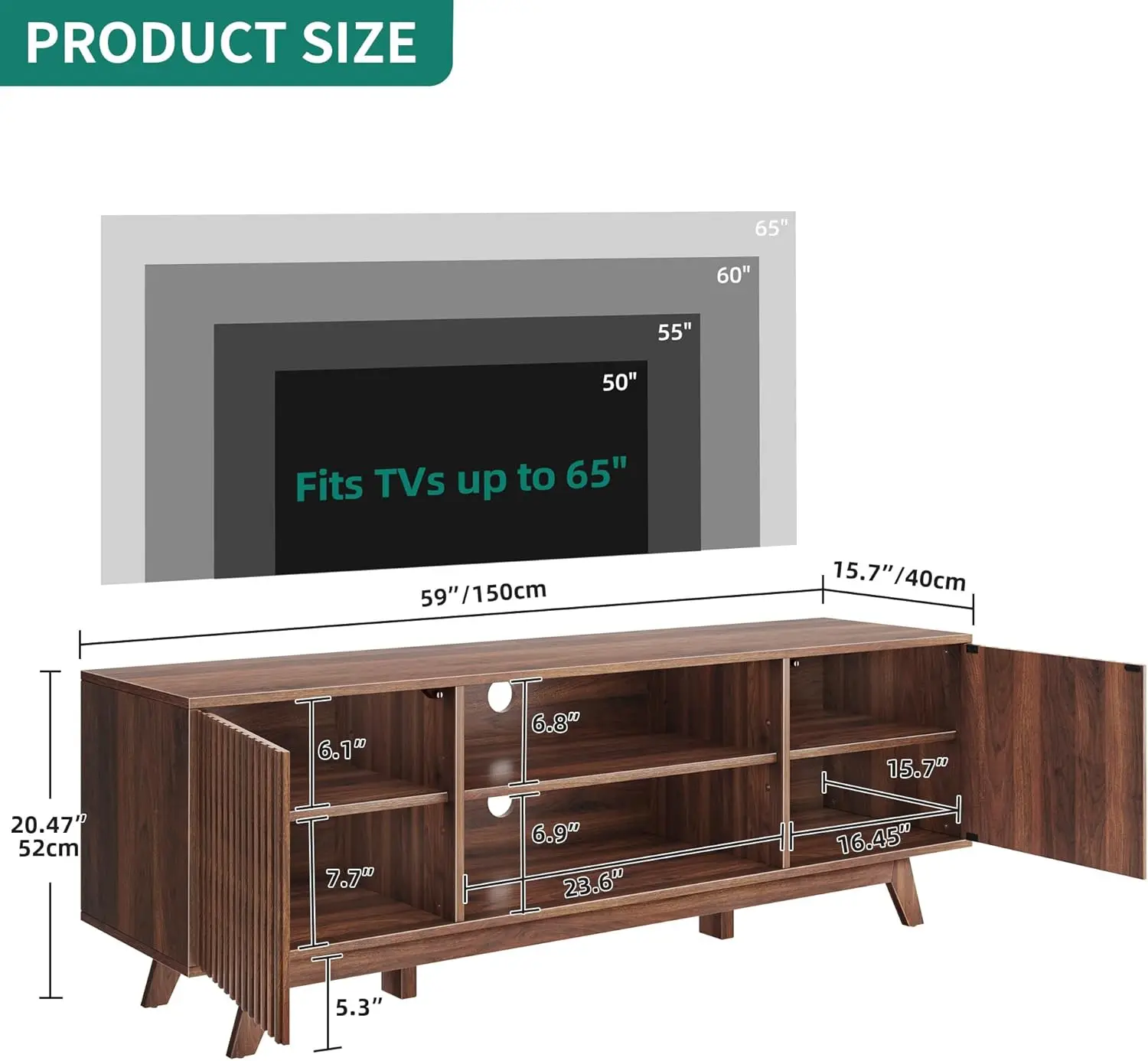 59" LED TV Stand for 65 inch TV, Mid Century Modern TV Stand, Farmhouse TV Cabinet Entertainment Center with Adjustable Shelves