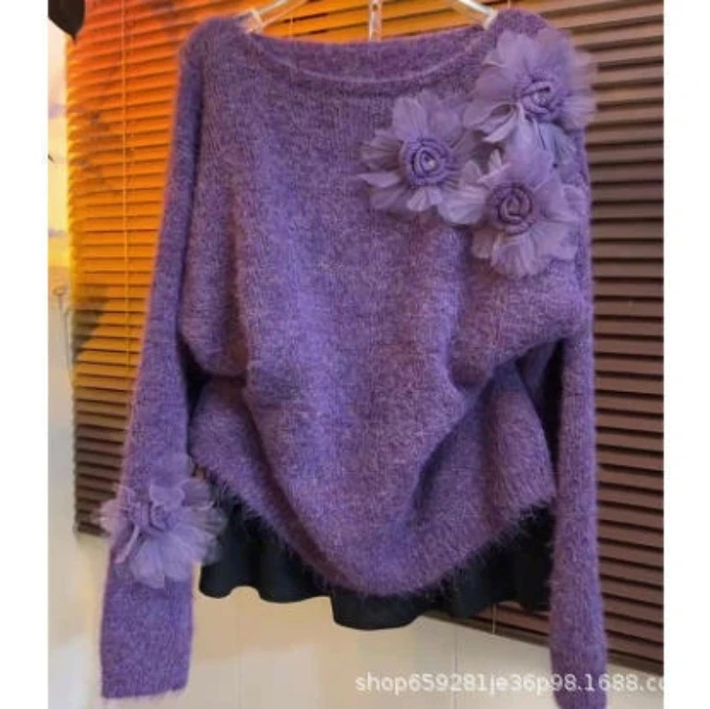 

Advanced Thickened Loose Knit Sweater for Women's Autumn and Winter New Three-dimensional Flower Top