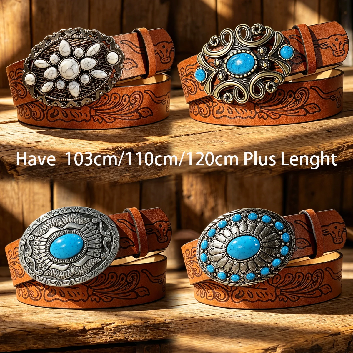 Casual individual and retro Big belt For Men and Women Western-style Cowboy accessory turquoise buckle PU Leather belt Plus