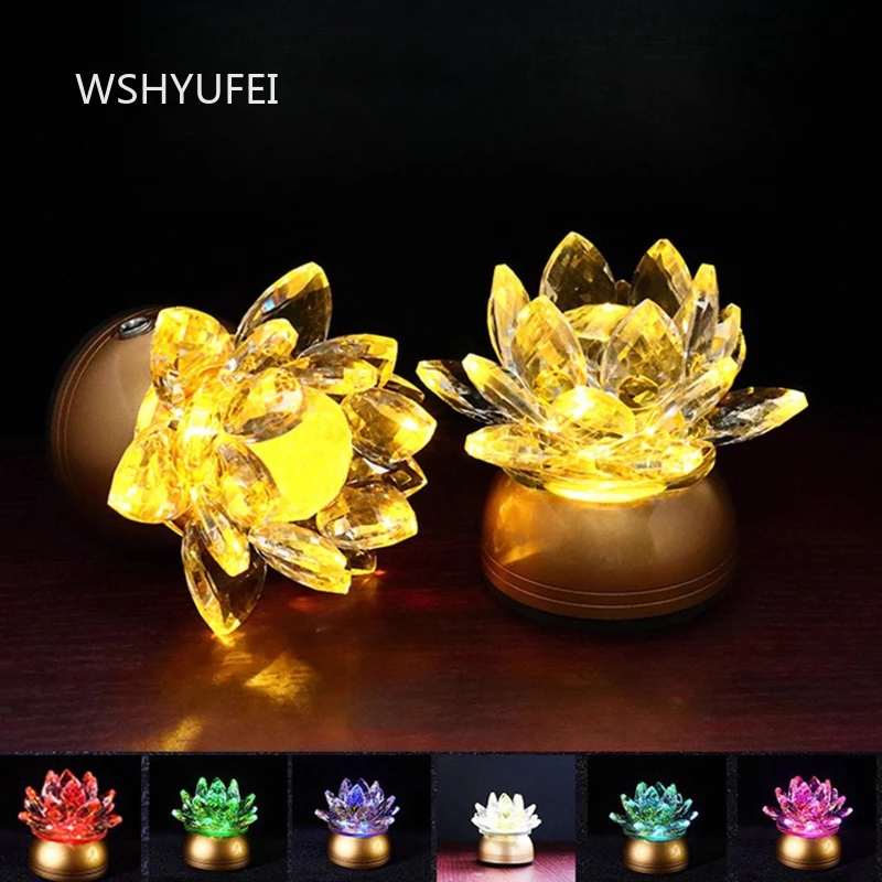 Pure Copper Crystal Lamp Mini Household Glass Lotus Lamp Dual Use of Charging and Plugging Buddhist Hall Decoration Ornaments