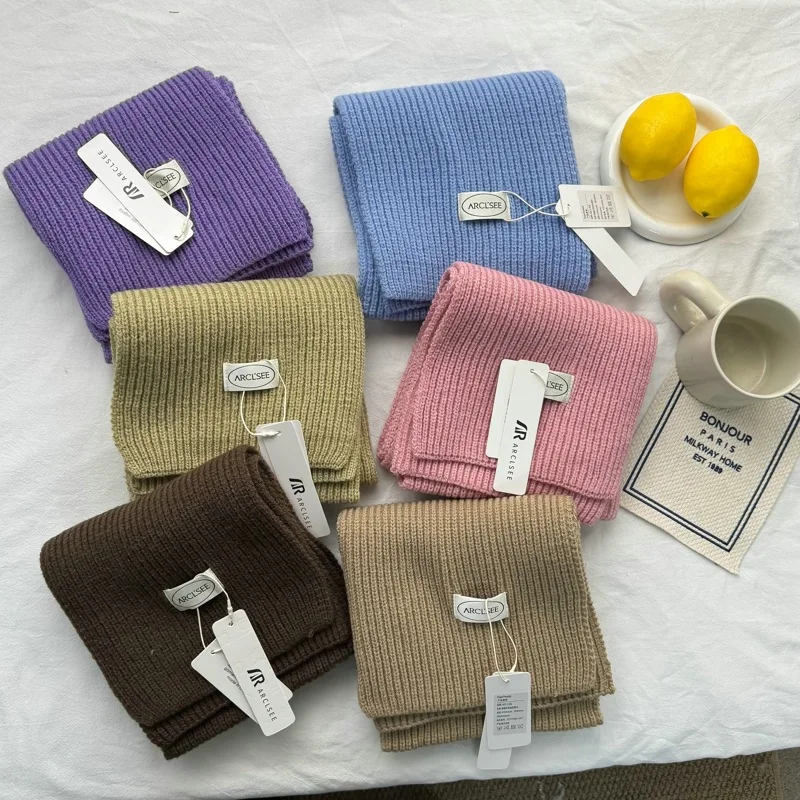 High-Grade Knitted Small Scarf Women's Autumn Winter New Pure Color All-Matching Thickened Warm Wool Scarf for Students
