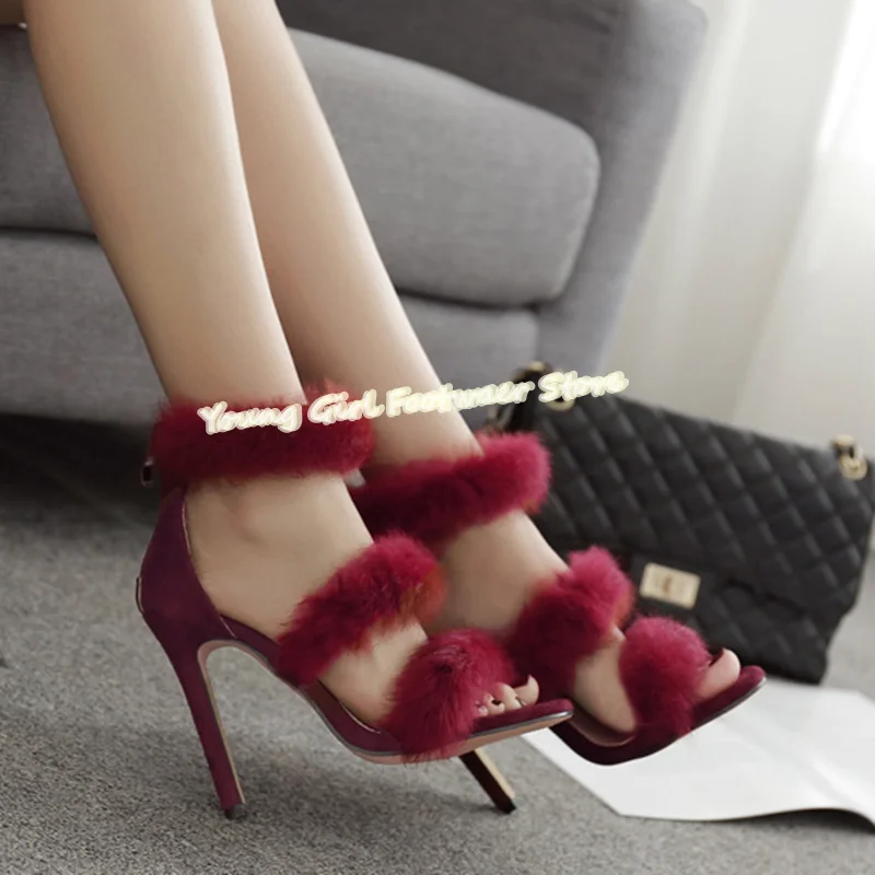 

New Spring/Autumn Styles Mink Sandals Pointed Toes Stilettos Banquet Design Sense Women's Shoes Wine Red High-Heeled Sandals