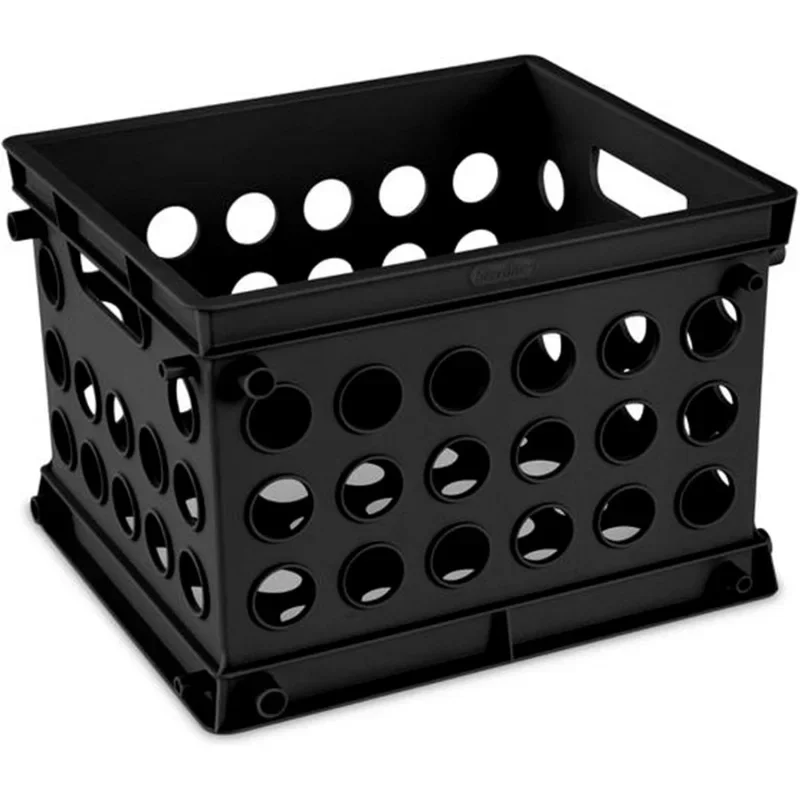 Crate, Stackable Plastic Storage Bin with Handles, Organize Home, Garage, Office, School, Dorm Room, Black, 36-