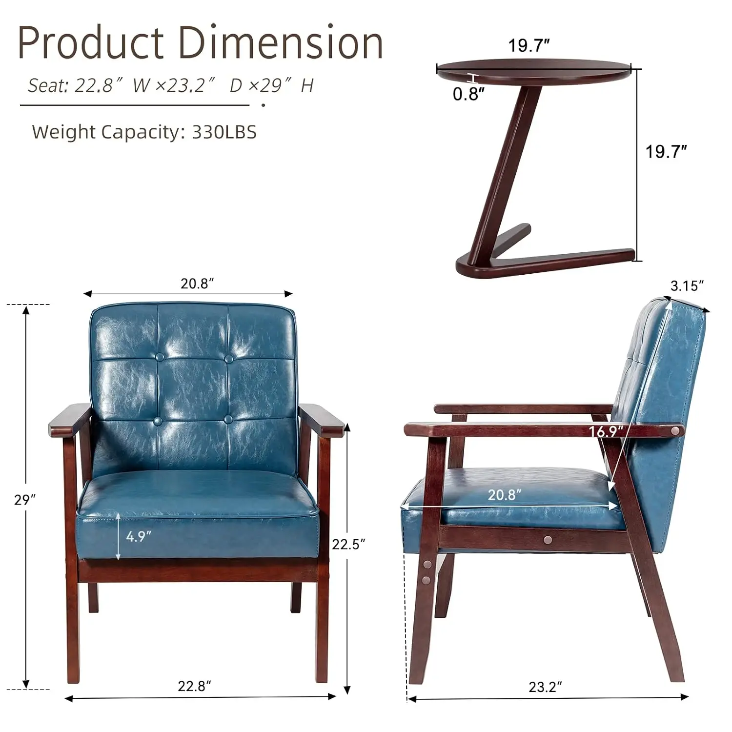 Mid Century Accent Chair Set with Side Table, Wood & Fabric Armchair, Lounge Chair for Living Room Bedroom Office, Customized